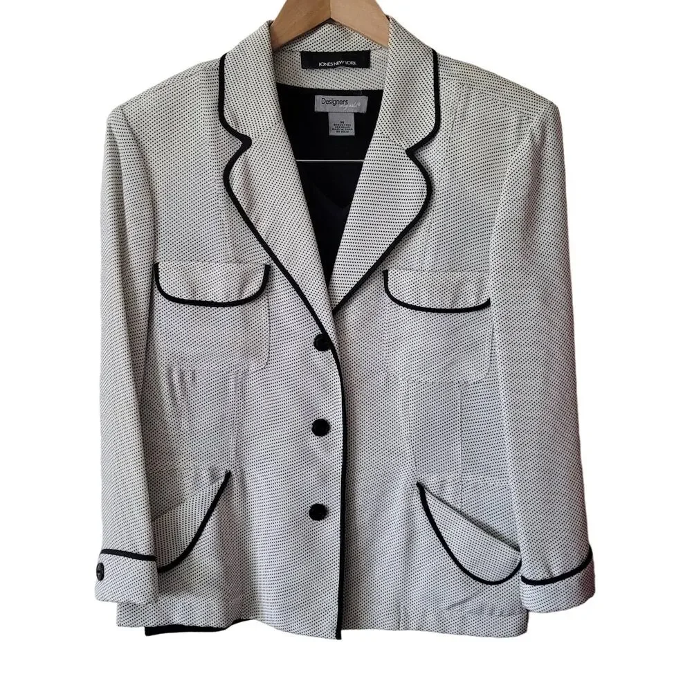 Jones New York Black Polk-a-Dot White Blazer Dress Jacket, Sz. Approx. 6